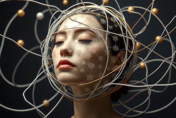 Woman with intricate wire network and floral patterns on face.