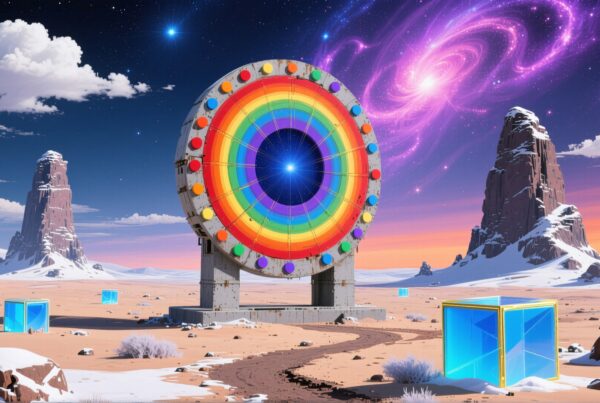 A mystical desert scene with a giant colorful wheel, cosmic sky, and glowing cubes.