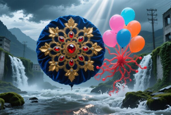 Surreal scene with ornate mandala, vibrant balloons, and cascading waterfalls in an abandoned urban landscape.