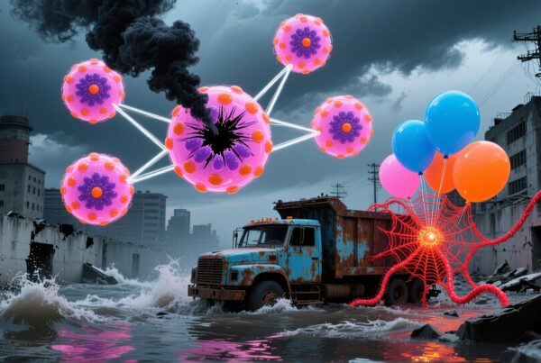 Surreal flooded city with colorful balloons and glowing orbs.