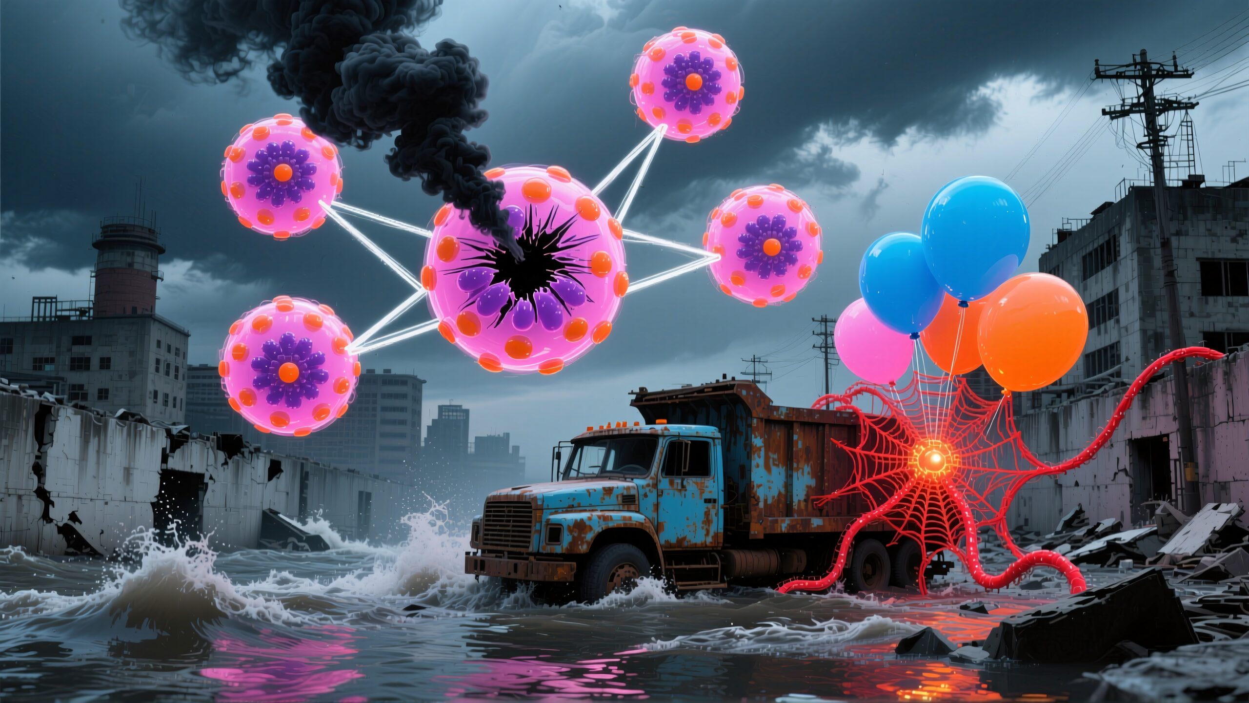 Surreal landscape with floating orbs