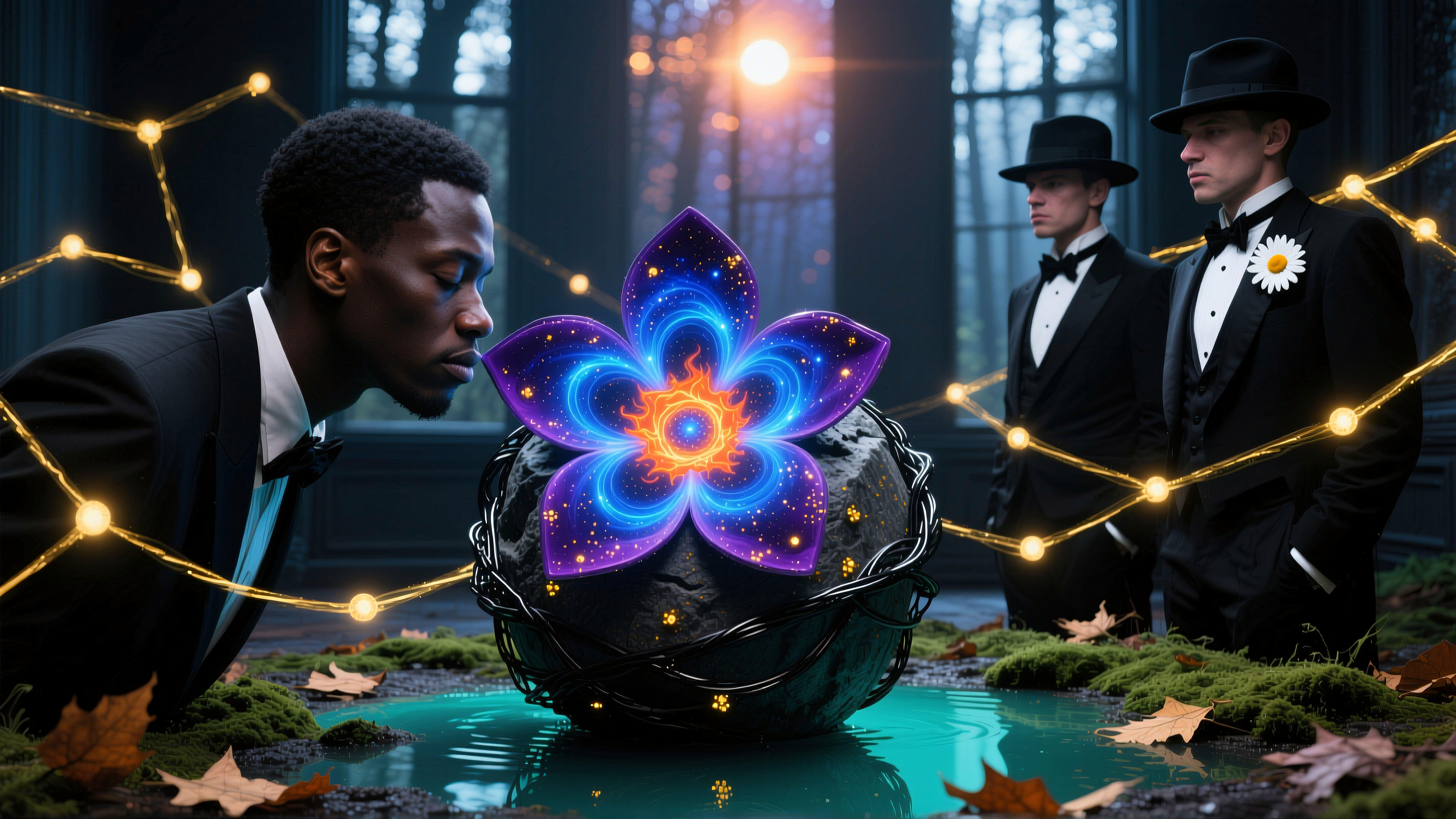 Tuxedoed Men Observing Cosmic Flower