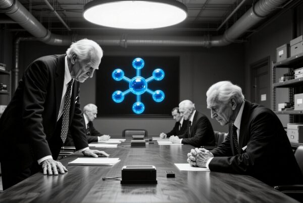 Elderly men in suits discussing strategy around conference table under modern lighting with tech network on screen.