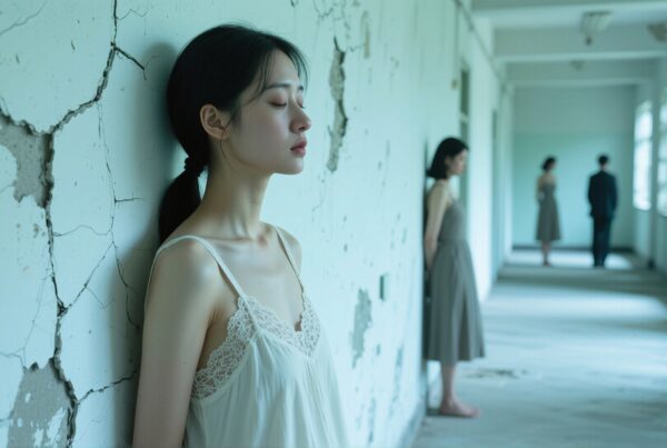 A contemplative woman leans against a cracked wall in a dim hallway with blurred figures in the background.