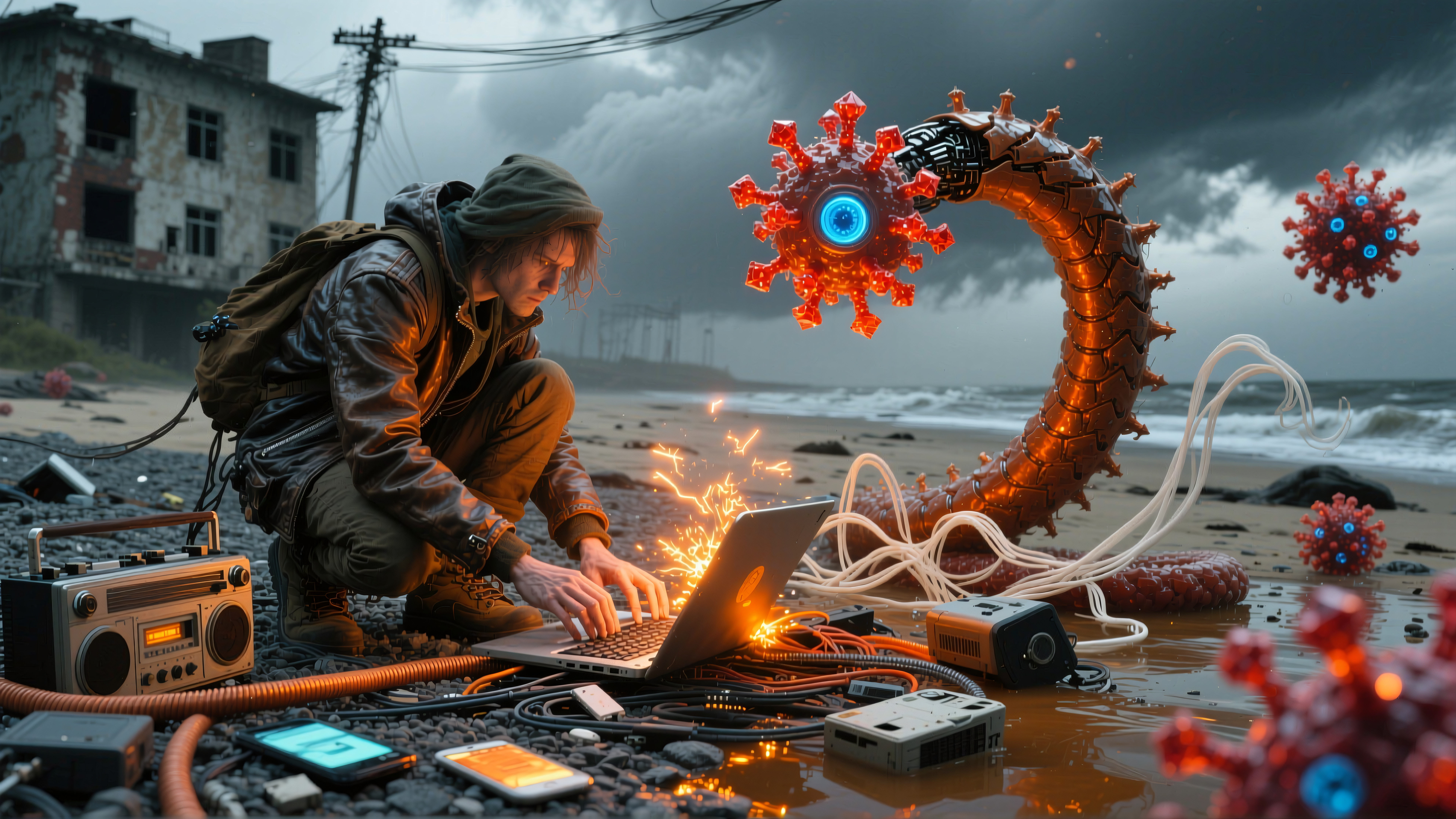 Post-Apocalyptic Tech Encounter on Beach
