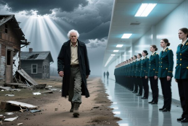 Man walking between decay and order, with rays of light breaking through dark clouds above.