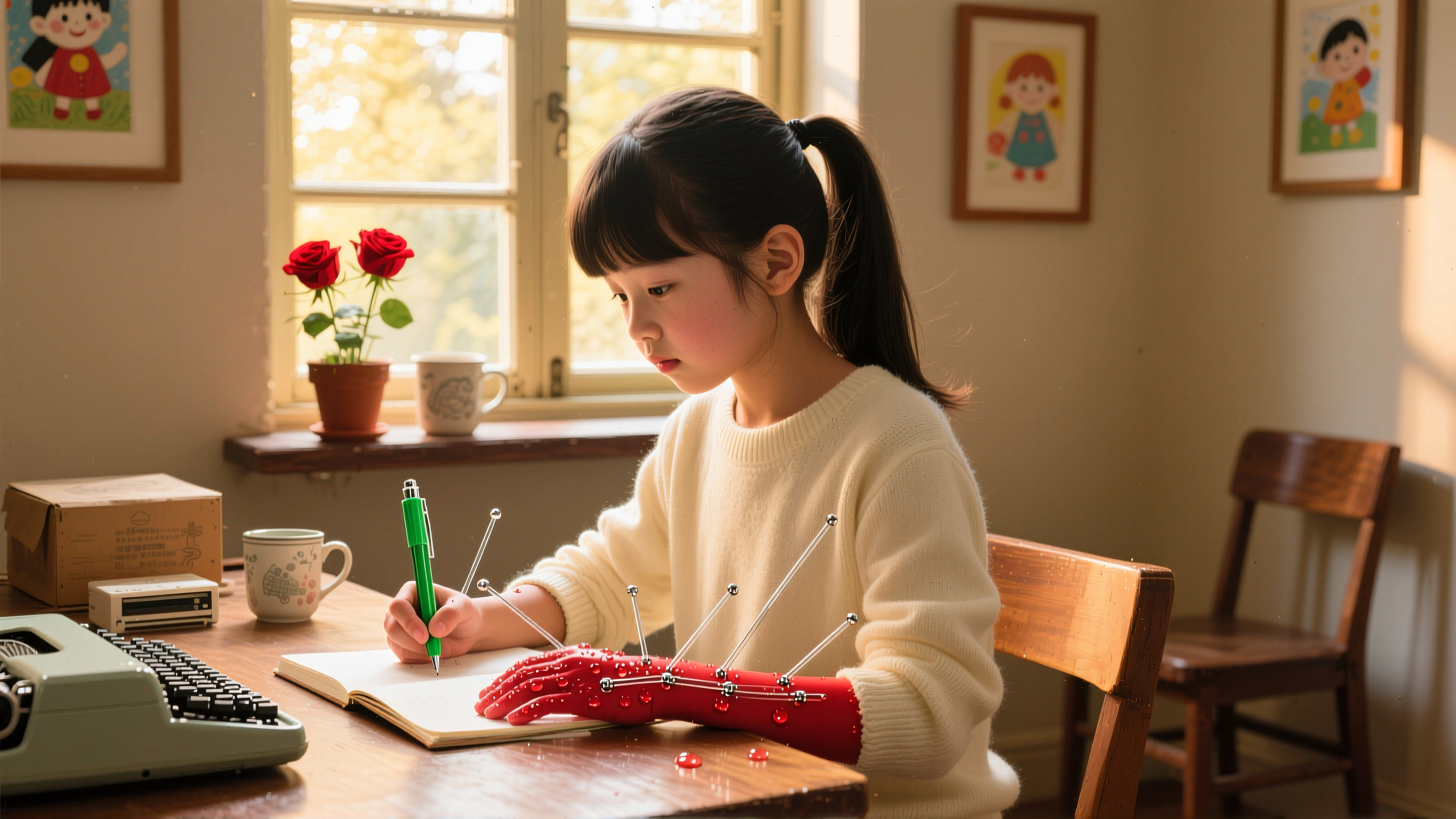 Girl with Robotic Glove Writing at Sunlit Desk
