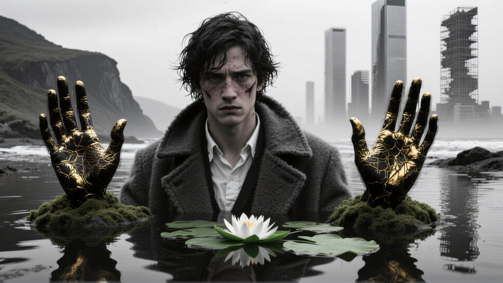 Man with Golden Cracked Hands Emerging from Water Near Urban Cli