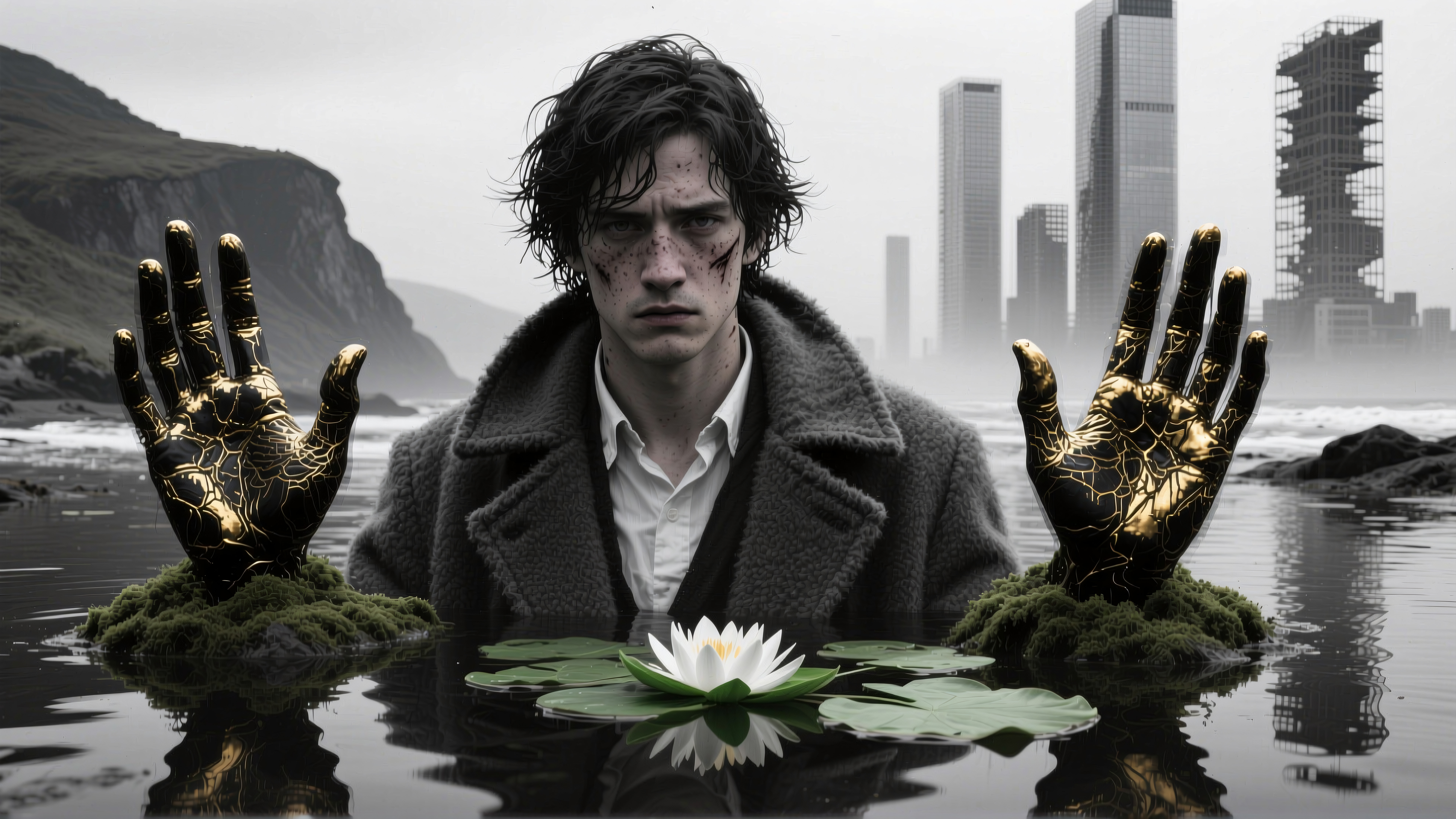 Man with Golden Cracked Hands Emerging from Water