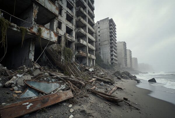 Abandoned, decaying buildings near beach with overcast sky.