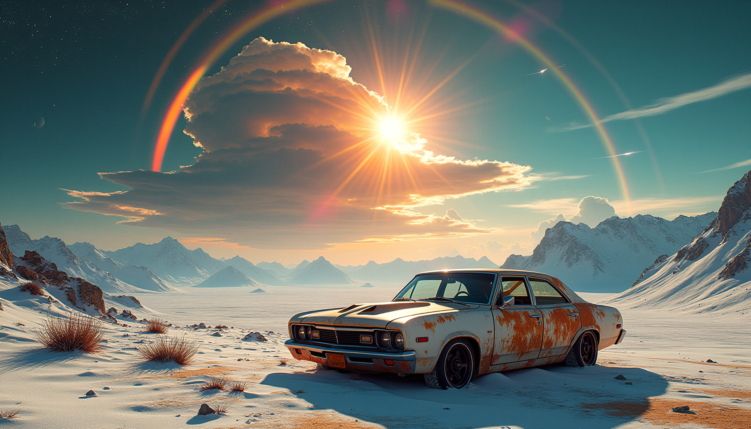 Rusty Car Snowy Mountain Sunrise