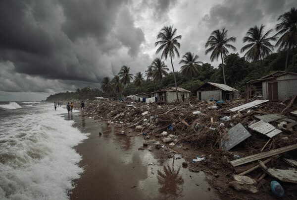 Beach with debris after storm impact.