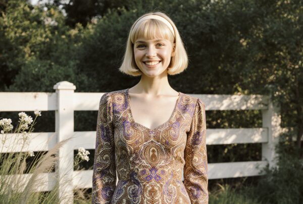 Smiling woman with short blonde hair wearing a patterned dress stands in front of a white fence surrounded by greenery and flowers.
