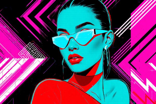 Futuristic pop art portrait of a woman with vibrant neon colors, featuring sunglasses and geometric background.