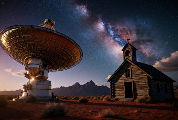 A radio telescope beside a chapel under the Milky Way.