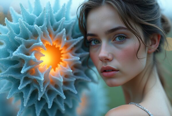 Portrait of woman with abstract glowing sculpture, ethereal scene, artistry.