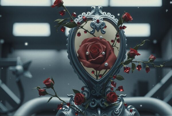 An ornate silver mirror reflects a large rose intertwined with delicate vines.