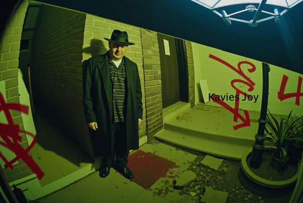 A mysterious man stands in a dimly lit alley with graffiti and green tint atmosphere.