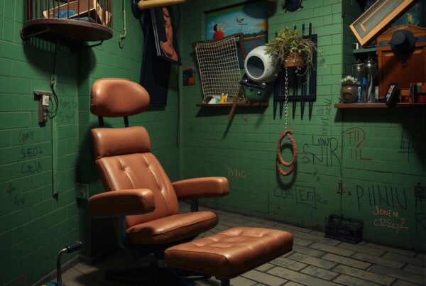 A dimly lit room with green tiled walls, featuring a vintage leather recliner, eclectic wall art, and industrial elements, creating a unique and creative ambiance.