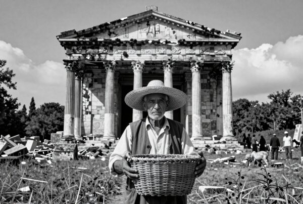 Elderly man with basket in front of ancient temple.