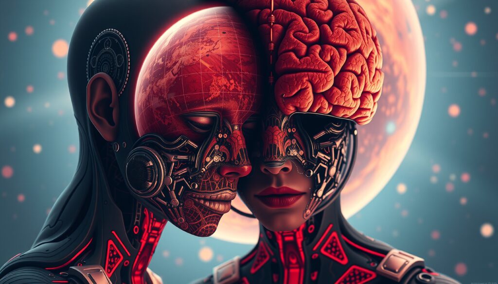 Cybernetic Robot Duo with Brain and Globe Heads in Space