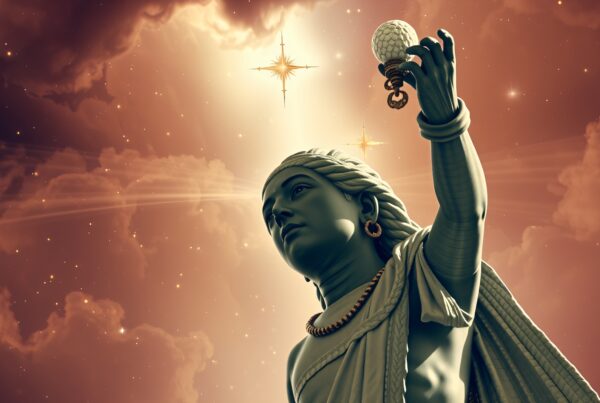 A majestic statue gazes upward, holding an ornate object against a celestial backdrop.