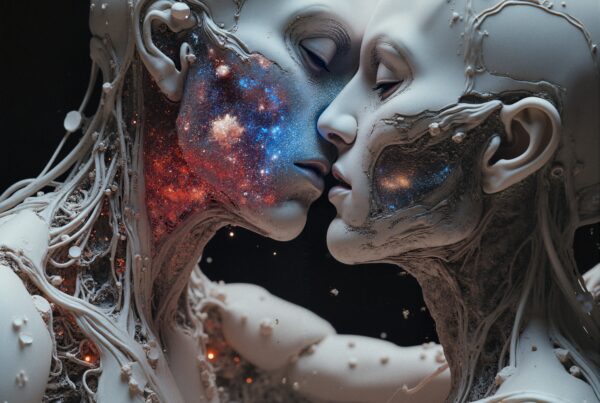 Two humanoid figures share a cosmic embrace, adorned with glowing nebulae-like patterns, in a surreal and futuristic setting.
