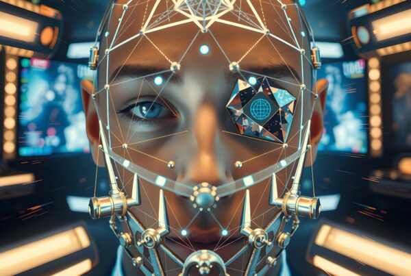 Futuristic human face with cybernetic enhancements and neon accents.