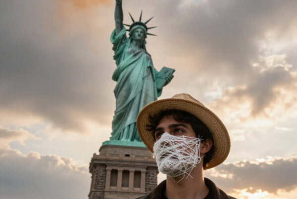 Young man with yarn-covered face standing before Statue of Liberty during dramatic sunset skies, symbolic protest imagery