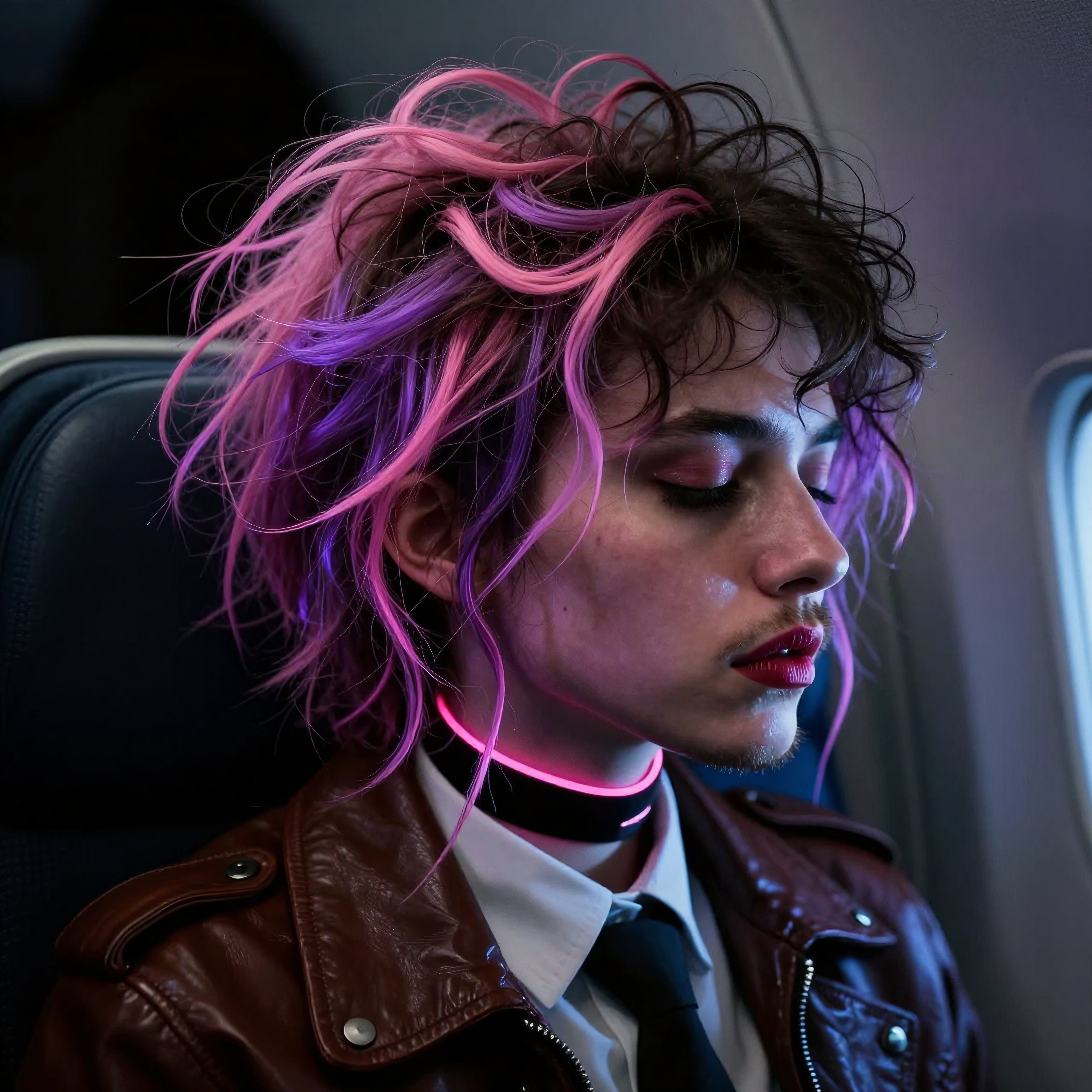 Airplane Passenger with Vibrant Hair