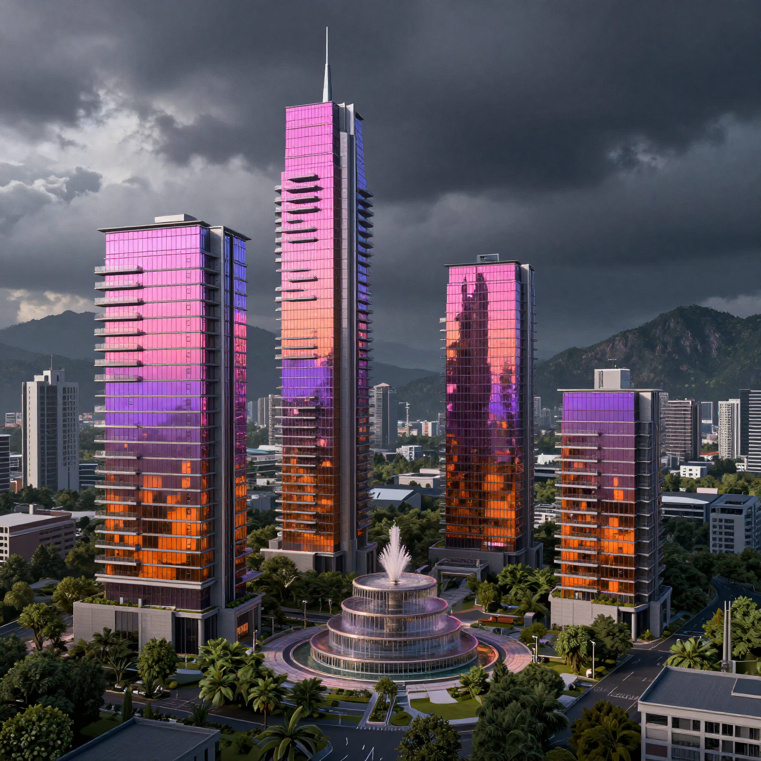 Colorful Skyscrapers in Stormy Cityscape
