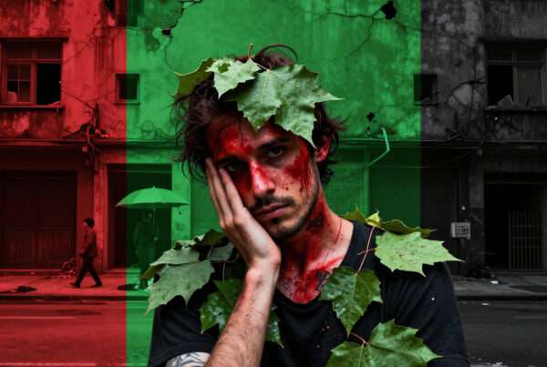 Blood-stained man with leaves on decaying urban building, tri-color red-green-gray split, abandoned city, tattoos, apocalyptic art concept