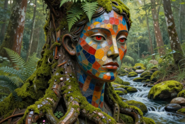 Mystical forest creature with colorful mosaic face emerging from ancient tree beside crystal-clear stream surrounded by lush ferns and wildflowers