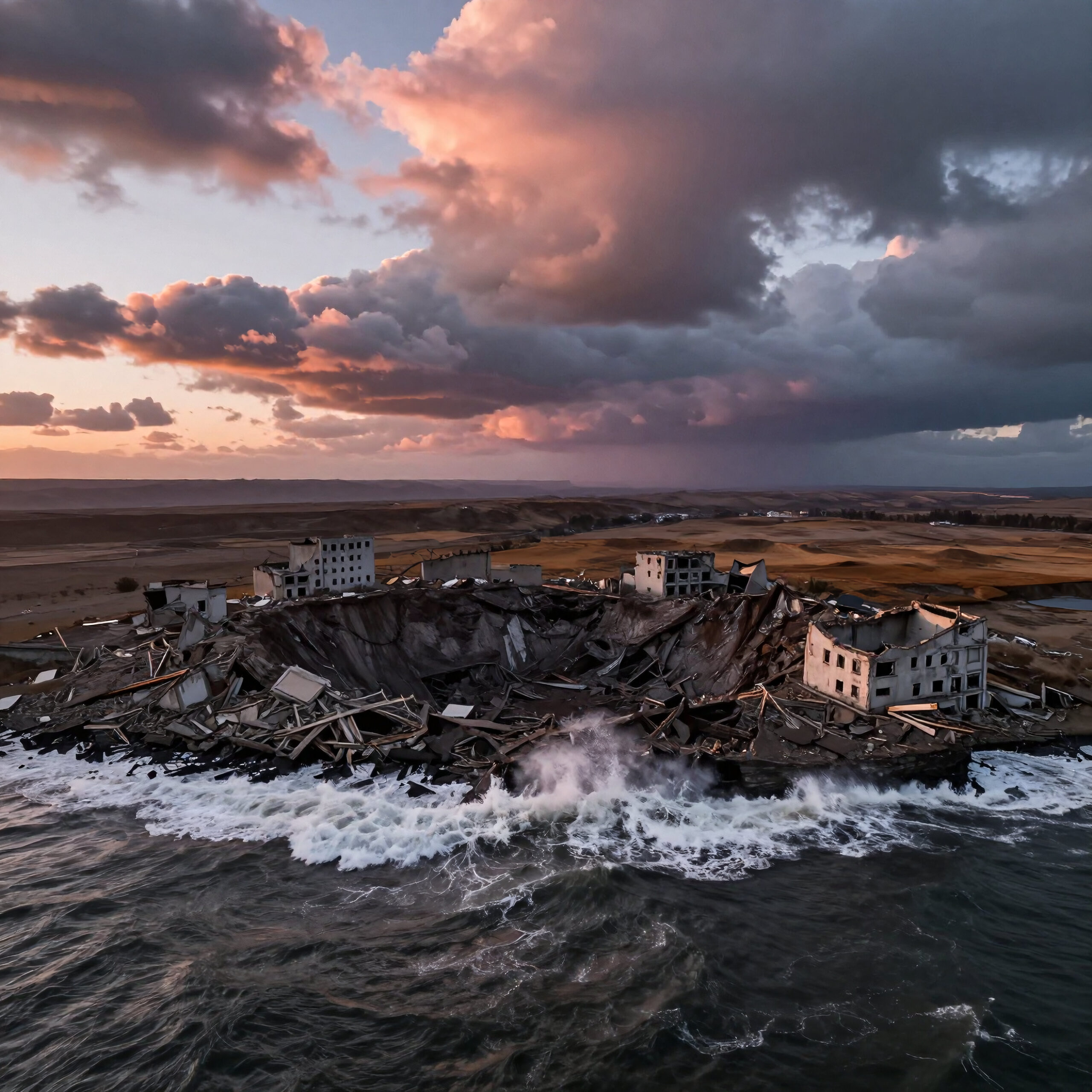 Dusk Coastal Ruins After Disaster