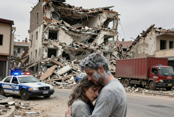 Couple embraces amidst post-disaster urban rubble scene