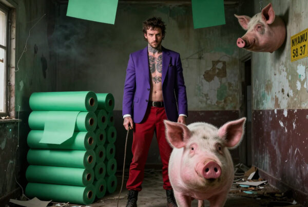 Man in purple blazer holding pig leash in dilapidated room with green rolls and mounted pig head