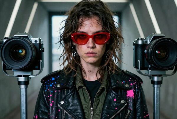 Person with red sunglasses, paint-splattered leather jacket, between two cameras in industrial corridor