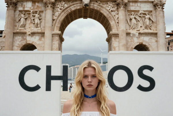 Woman posing before historic Siena-style arch with "CHAOS" signage, blending antiquity and modernity