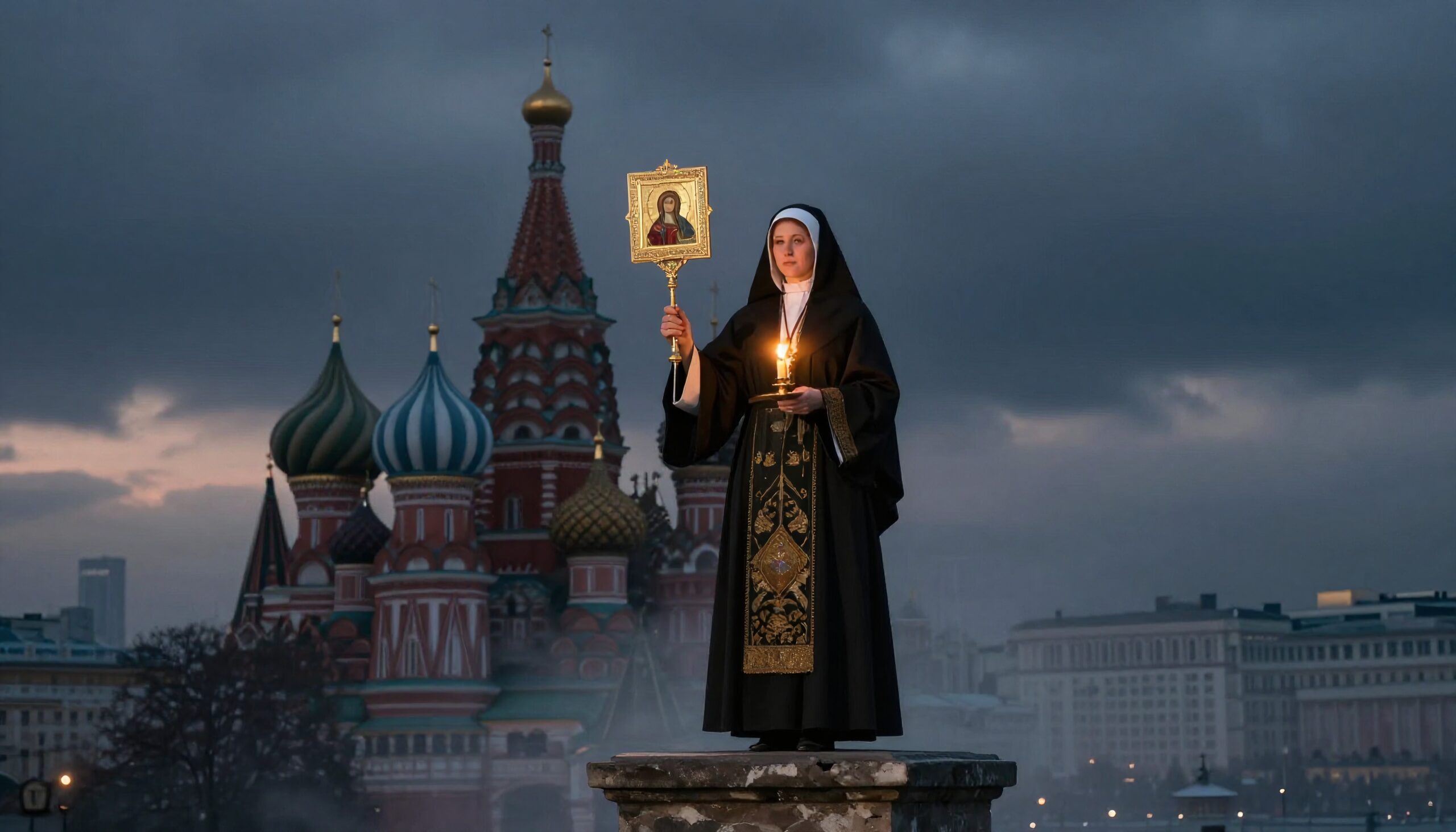 Nun with Candle Near Cathedral