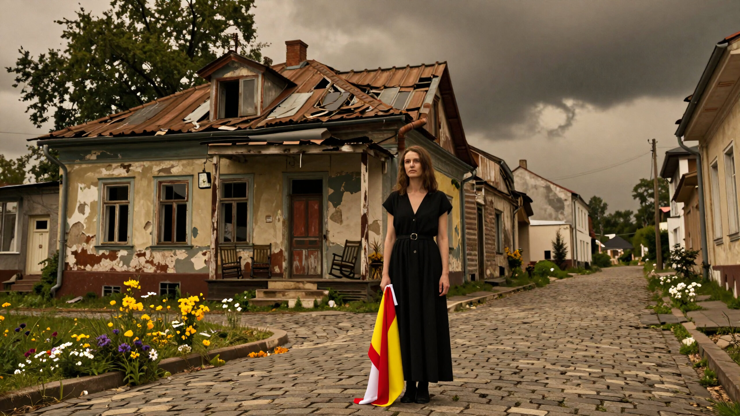 Woman With Flag On Abandoned Street