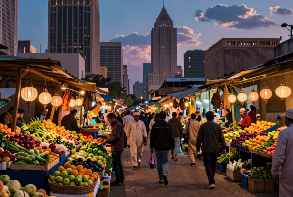 Evening outdoor market selling fresh tropical fruits and vegetables with shoppers walking among vendors near tall city buildings