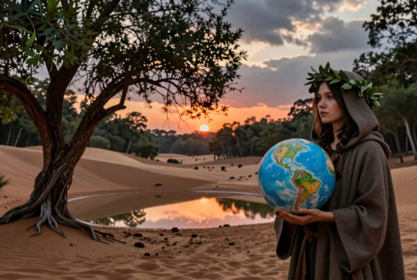 Woman holds globe under desert sunset reflection near tree
