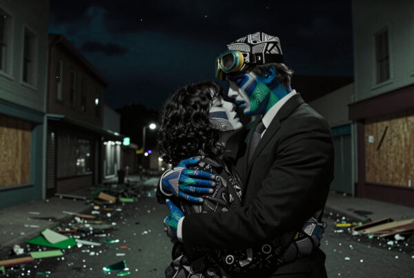 Sci-Fi Couple Kissing in Post-Apocalyptic Alley at Night