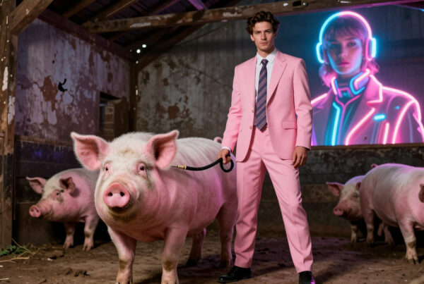 Man in pink suit leading pig inside neon-lit barn with futuristic hologram background