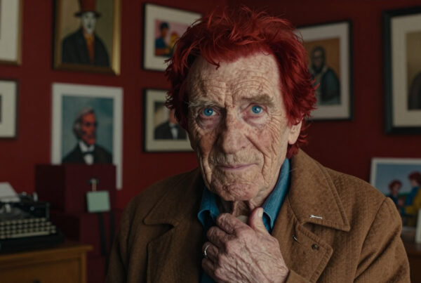 Vintage typewriter beside portrait-filled room featuring red-haired senior male artist