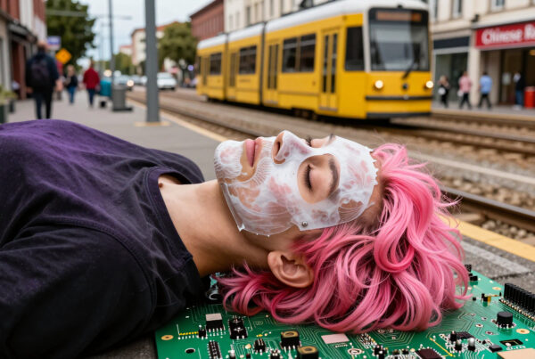 oman with pink hair resting on circuit board during urban transit stop