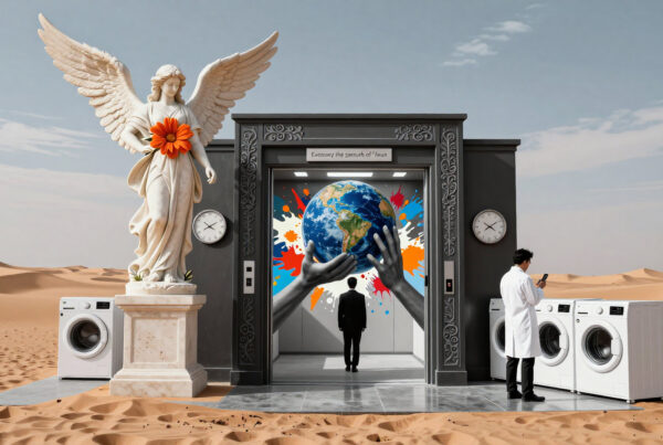 Angel statue holds orange flower beside elevators transporting people into painted world surrounded by washing machines in desert