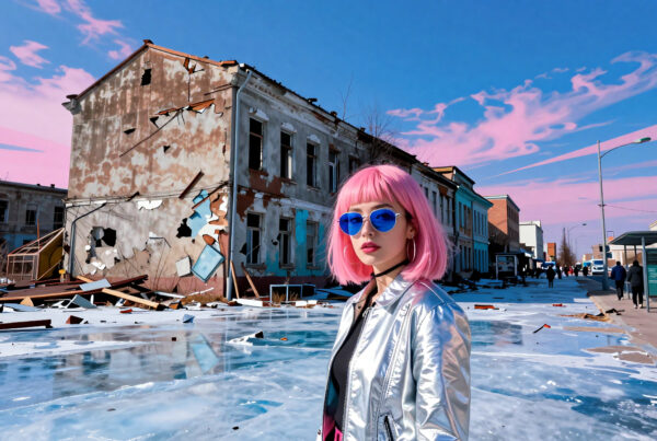 Girl with pink hair standing in snowy ruined city wearing metallic jacket under colorful twilight skies