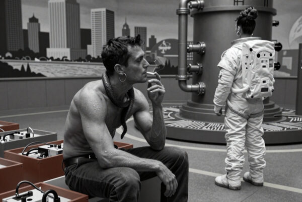 Astronaut in white suit watches smoky sweaty man with snake necklace sit amidst futuristic tech panels