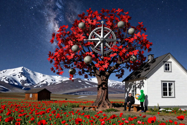 Surreal nighttime scene featuring magical tree with compass, red poppies, snowy mountains, cozy cabin, and mysterious visitors beneath glittering stars